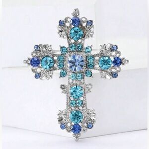 Blue Rhinestones Cross Brooch Pin or Pendant, can be put on Necklace